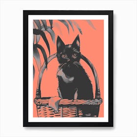 Black Kitty Cat In A Basket Peach Art Print