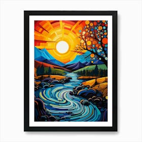 River in Sunset III, Vibrant Colorful Painting in Van Gogh Style Art Print