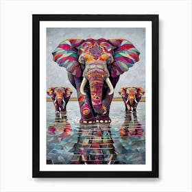 Elephants In Water Art Print