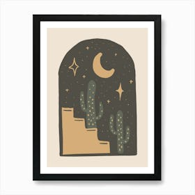 Night Sky With Cactus Boho Minimalist Landscape Art Print