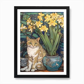 Daffodils With A Cat 1 Art Nouveau Style Art Print