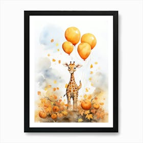 Giraffe Flying With Autumn Fall Pumpkins And Balloons Watercolour Nursery 2 Art Print