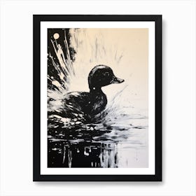 Black & White Painting Of Duckling Gliding Along The Pond 2 Art Print