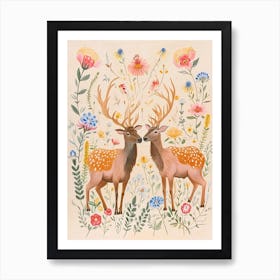 Folksy Floral Animal Drawing Elk 2 Art Print