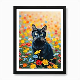 Black Cat In Flowers Poster