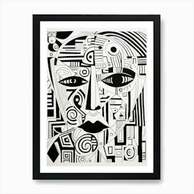 Cyber Geometric Linocut Inspired Face Illustration Art Print