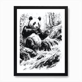 Giant Panda Fishing In A Stream Ink Illustration 1 Art Print