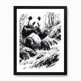 Giant Panda Fishing In A Stream Ink Illustration 1 Affiche