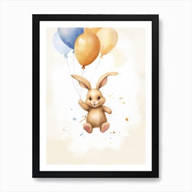 Baby Rabbit Flying With Ballons, Watercolour Nursery Art 1 Art Print