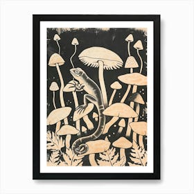 Lizard On The Mushrooms Wood Block Style 1 Art Print