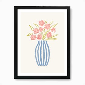 Stripes Flower Vase Floral Still Life Illustration - Blue Pink Colorful Art Print