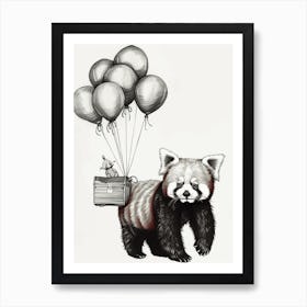 Red Panda Holding Balloons Ink Illustration 4 Art Print