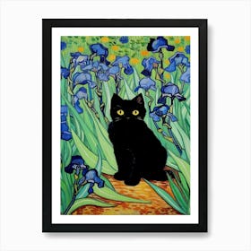 Irises Vang Gogh Painting With Black Cat Art Print