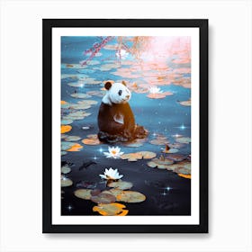 Baby Panda Floating On Water Lilies Art Print