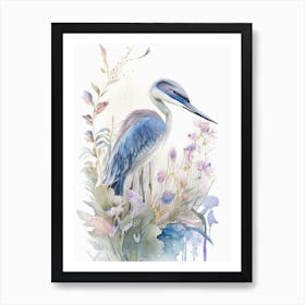 Blue Heron With Flowers Gouache 2 Art Print