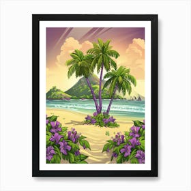 Tropical Landscape With Palm Trees And Flowers Art Print