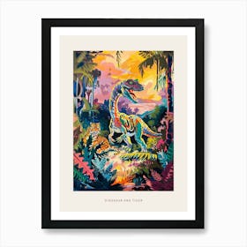 Colourful Tiger & Dinosaur In The Jungle Painting Poster Art Print