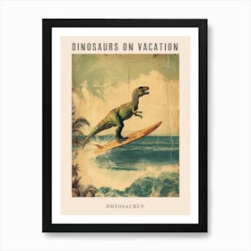 Vintage Dryosaurus Dinosaur On A Surf Board 1 Poster Art Print