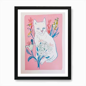 Cute Cat With Flowers Illustration 4 Art Print