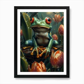 Frog with tulips 1 Art Print