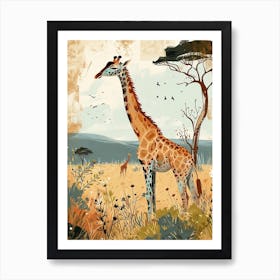 Giraffe In The Grass Colourful Illustration 3 Art Print
