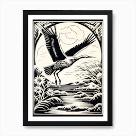 B&W Bird Linocut Stork 3 Art Print