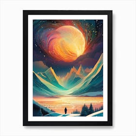 Lapland Northern Lights ~ Full Moon Lunar Aurora Borealis Wall Decor Futuristic Sci-Fi Trippy Surrealism Modern Digital Mandala Awakening Fractals Spiritual Artwork Psychedelic Colorful Cubic Abstract Universe Art Print