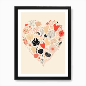 Floral Line Heart Coral Black & Cream Art Print