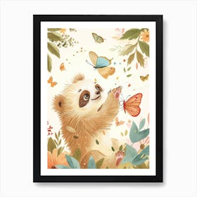 Sloth Bear Cub Playing With Butterflies Storybook Illustration 1 Art Print