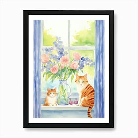 Cat With Lilly Of The Valley Flowers Watercolor Mothers Day Valentines 3 Art Print