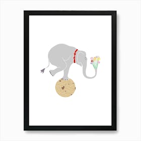 Elephant Balancing On Cookie With Flowers, Fun Circus Animal, Cake, Biscuit, Sweet Treat Print, Portrait Art Print