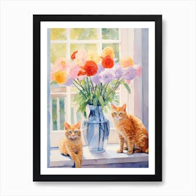 Cat With Hyacinth Flowers Watercolor Mothers Day Valentines 1 Art Print