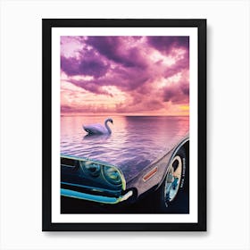 Classic Car Swan and pink clouds Art Print