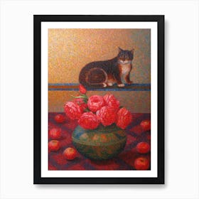 Peony With A Cat 3 Pointillism Style Art Print