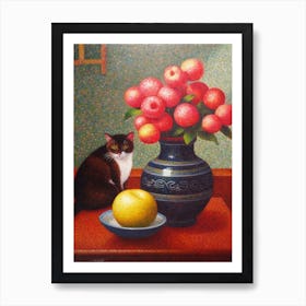 Camellia With A Cat 1 Pointillism Style Art Print