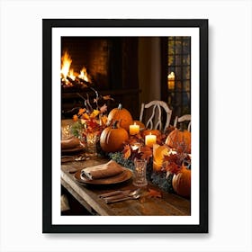 Autumn Table Decoration Cascading Leaves Of Warm Hues Rest Atop Smooth Pumpkins With Textured Exter (5) Art Print