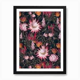 Protea Floral Night Pattern 2 Art Print