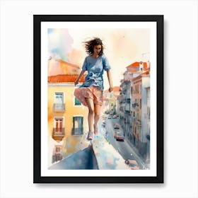 Girl Skateboarding In Lisbon, Portugal Watercolour 1 Art Print
