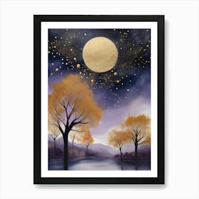 Cosmic Fall Night،
An ethereal boho painting that captures the beauty of a fall night sky. The background is a deep navy, speckled with tiny stars, while the foreground features silhouettes of autumn trees in shades of charcoal and dark olive. The moon is painted in a glowing silver, surrounded by soft wisps of mist in pale gold and lavender.
.10 Art Print