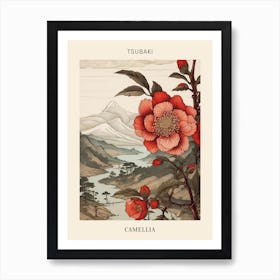 Tsubaki Camellia Japanese Botanical Illustration Poster Art Print