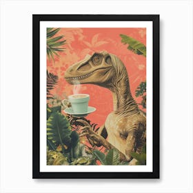 Dinosaur Drinking Coffee Retro Collage 3 Art Print