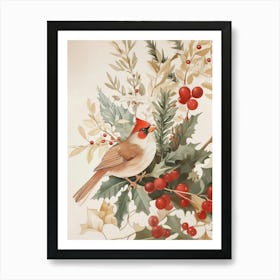 Cardinal Bird On Holly Plants Art Print