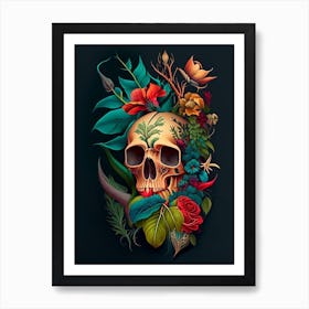 Skull With Tattoo Style Artwork Primary Colours 2 Botanical Art Print