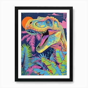 Neon T Rex Dinosaur Leaf Illustration Poster