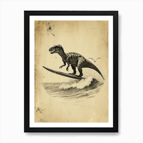 Vintage Giganotosaurus Dinosaur On A Surf Board 2 Art Print