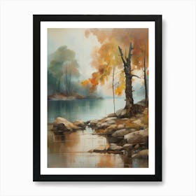 Forest Lake, Autumn Lake, Vintage Oil Painting, Farmhouse Wall Decorations, Antique Landscape, Vintage Landscape Oil Painting.1 Art Print