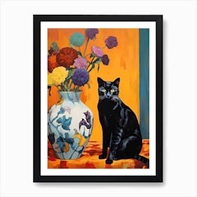 Forget Me Not Flower Vase And A Cat, A Painting In The Style Of Matisse 0 Art Print