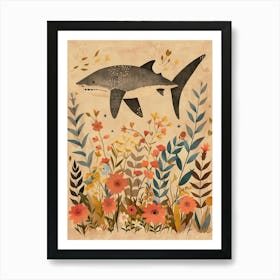 Muted Pastel Cute Shark With Flowers Illustration 2 Art Print