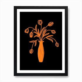 Tulips In Orange Vase On Black Art Print