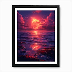 Red Moon Over The Ocean Art Print